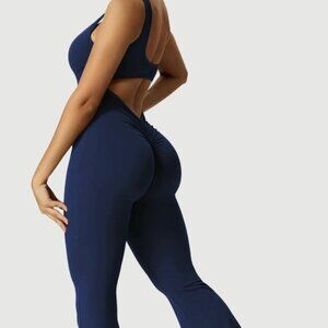OTOS Athleisure Jumpsuit Flared Backless Sleeveless Activewear Stretch Blue XL